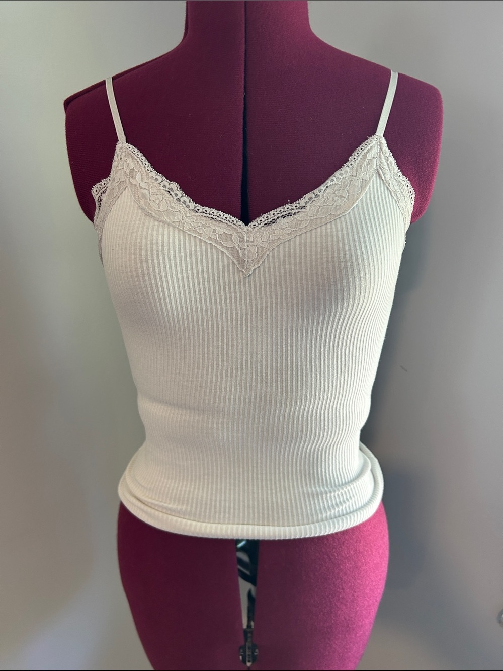 Lace-Trim Ribbed White Camisole Top